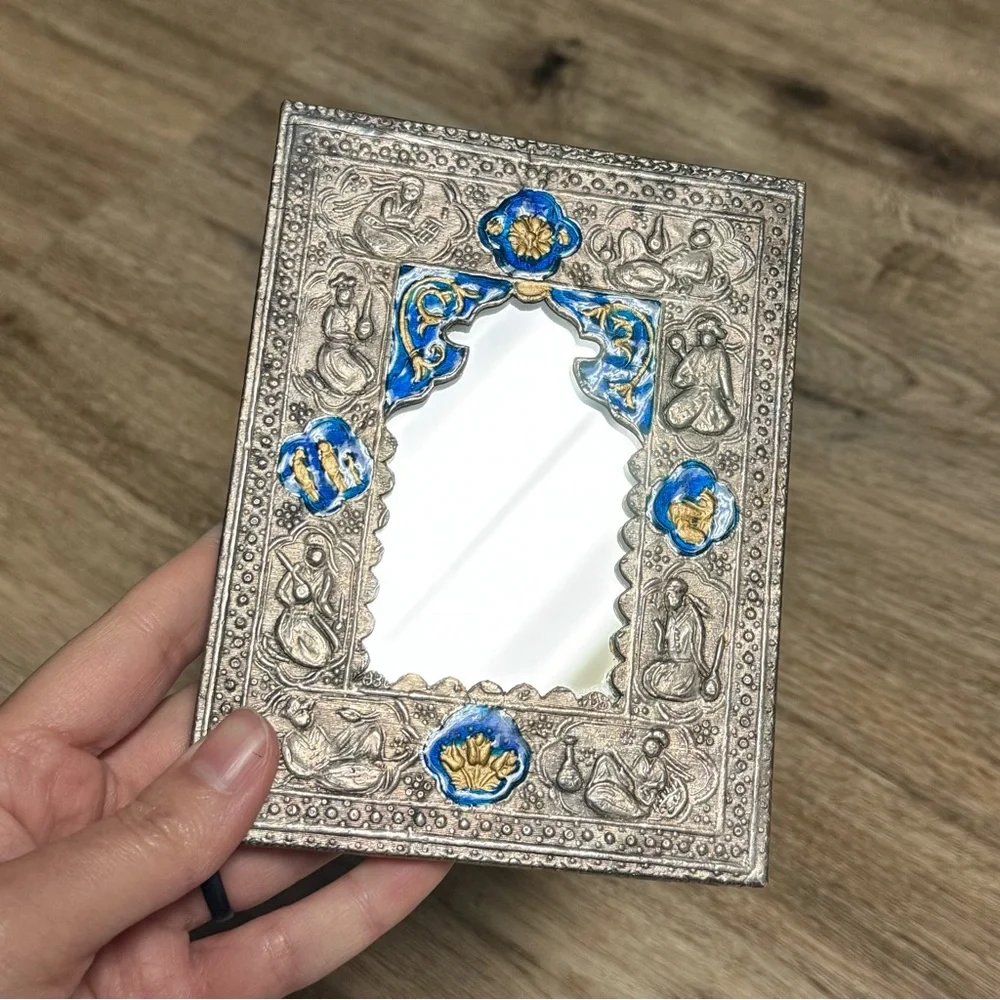 Antique Vtg 19th Century Islamic Persian Qajar Silver Plated Blue Enamel Mirror